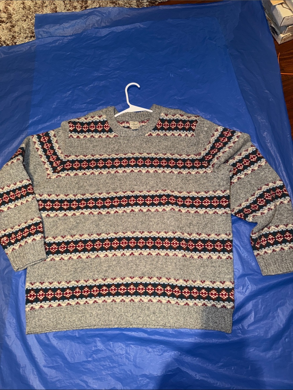 L.L. Bean Gray Crewneck Sweater with Navy & Red Fair Isle